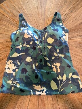 L.L.Bean 22W Plus Swim Tunic Tankini Blue Floral Tummy Control UPF 50